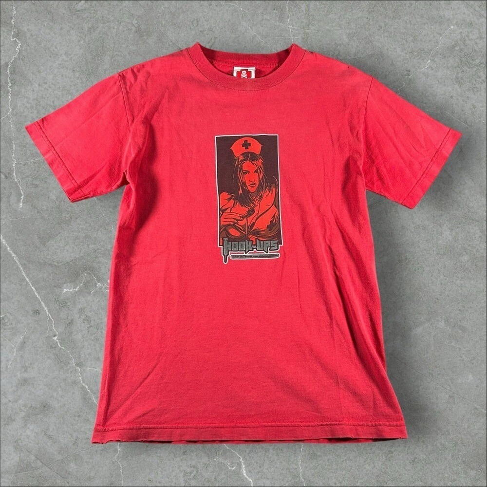 Vintage Hook Ups Shirt Men Small Red 90s Skateboard Skater Nurse Girl Rachel USA
